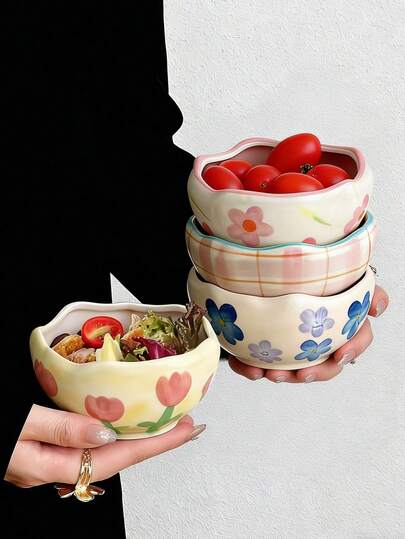 1pc Asymmetrical Salad Bowl, Exquisite Afternoon Tea Dessert Bowl, Niche Creative Ceramic Bowl, High-End Cake & Pastry Bowl, Syrup Bowl, Restaurant Pasta & Steak Bowl, Retro Floral Glazed Tableware, Breakfast Cereal Bowl, Soup & Noodle Bowl