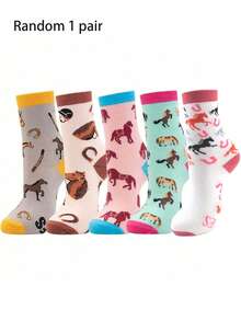 3/5 Pairs Random Ins Street Hip Hop Mid-Calf Socks For Women, Korean Cartoon Horse Pattern Casual Sports Socks - Multicolor - View 6