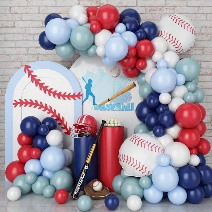 Baseball Theme Balloon Arch Set, Red Blue White Light Green Latex Balloons 18 Inch Baseball Foil Balloons Suitable For Sports Birthday Party Decoration - 如圖 - 查看 1