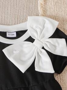 Baby Girls' Elegant Bowknot Patchwork Round Neck Waist Dress, Summer - Black - View 4