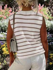Áo vest dệt kim cổ chữ V kẻ sọc cho nữ, kiểu dáng rộng rãi không tay mới cho mùa hè. - Màu Khaki - Xem 2