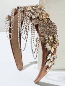 1pc Vintage Baroque Style Geometric Pattern Glass Rhinestone Tassel Wide Headband, Suitable For Women's Ball, Party Wear Travel Accessories - Brown - View 4
