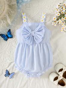 女婴蓝白条纹雏菊连体衣，蝴蝶结肩带女婴吊带背心，夏季日常穿着 - 藍色 - 查看 9