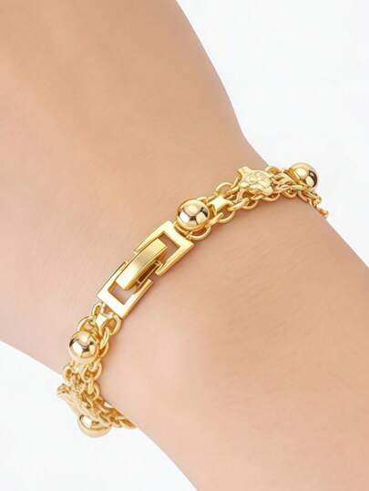 Layered Gold Beaded Bracelet, Luxury Retro Chunky Star & Bead Combination Bracelet, Personalized Fashion Accessory Suitable For Daily, Party, Casual, And Date Wear