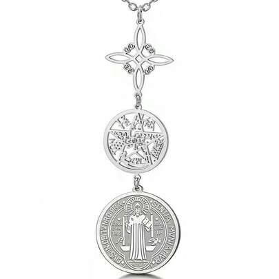 Collar con colgante de cuadragrama de bruja con dije de San Benito, amuleto triple, cadena de acero inoxidable de 45 cm, regalo de joyería espiritual