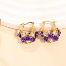 Fashionable Versatile Purple Rose Basket Earrings, Niche Design Blooming Spring/Summer Luxury Elegant Earrings - Purple - View 2