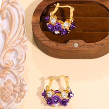 Fashionable Versatile Purple Rose Basket Earrings, Niche Design Blooming Spring/Summer Luxury Elegant Earrings - Purple - View 3