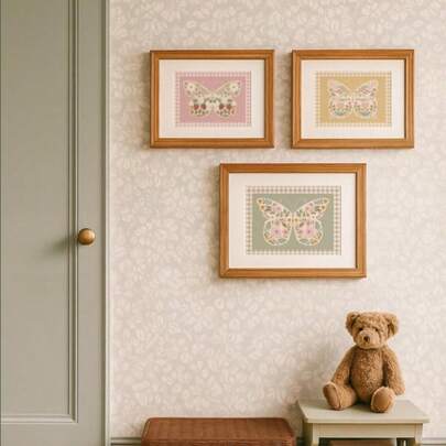 1 pieza Mural de arte de mariposa con estampados a cuadros, pósteres de plantas de primavera, ilustración natural bohemia, pintura al óleo retro de insectos, decoración de flores y mariposas, mural sin marco moderno para dormitorio de niña en familia