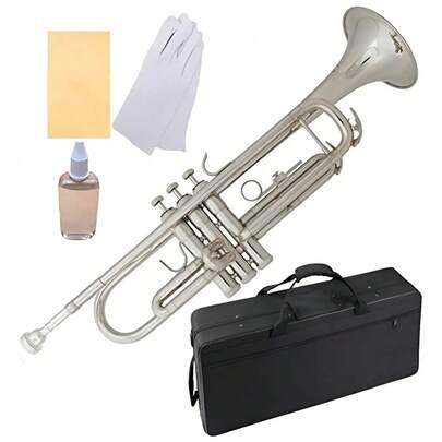 Trompeta En Sib Con Funda Y Accesorios Para Principiantes,Juego estándar de trompeta de latón niquelado , ideal para principiantes, con un sonido excepcional, para la enseñanza y para practicar