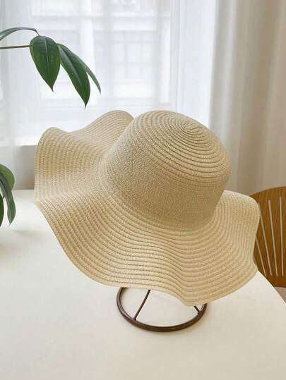 1 Peça Chapéu de Sol de Palha com Proteção UV para Mulheres, Chapéu de Praia Dobrável de Aba Grande para Verão, Viagem e Férias