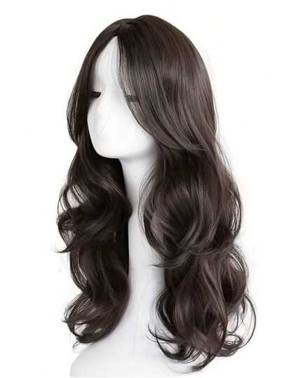 1 bộ tóc giả tổng hợp dài 22 inch, rẽ ngôi giữa, xoăn tự nhiên, màu nâu đậm, sợi chịu nhiệt, dành cho nữ, thích hợp cho cosplay.