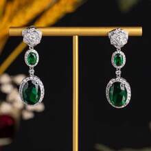 一对优雅的绿柱石耳环，璀璨的椭圆形宝石耳环，镶嵌锆石，宛如仙女般的耳环，派对礼物首饰 - 耳飾 - 查看 2