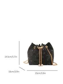 Women's Small Handbag, Fashionable Drawstring Chain Bucket Bag, Star & Moon Pattern Small Crossbody Bag - Black - View 5