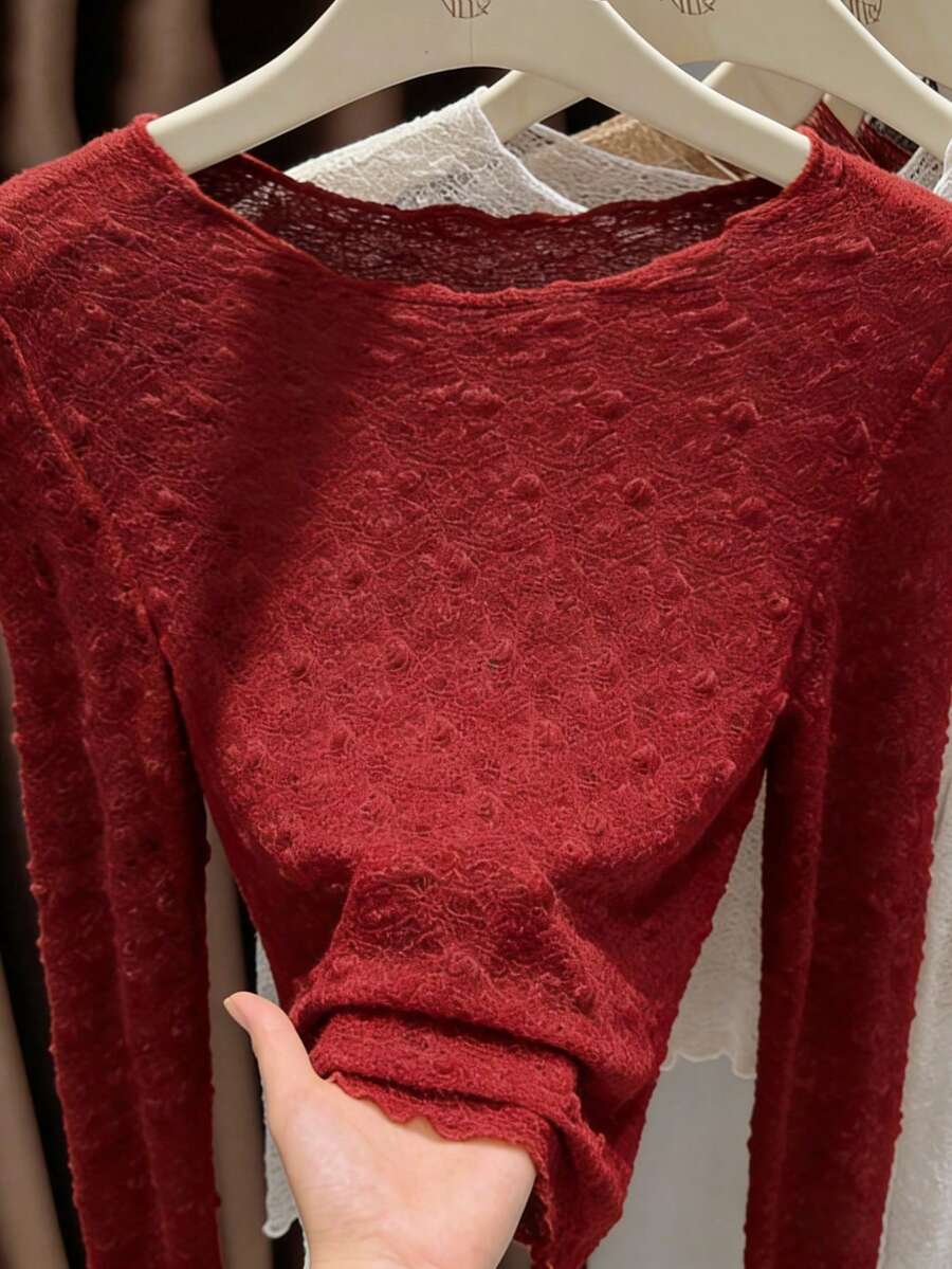 2025纯色沙滩网眼打底衫，女士长袖蕾丝拼接透视上衣，优雅春季休闲款