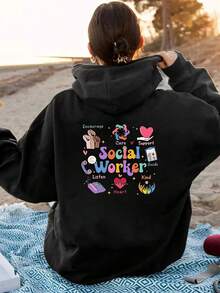 Mommy And Me Women's 100% Cotton Short Sleeve Tee, Hooded Sweatshirt With Front And Back Print, Social Worker, Care-Themed Print Hoodie, Drawstring Casual Hoodie,, Women's Clothing.For Summer Crew Neck Tee Mother's Day Gift - Black - View 3