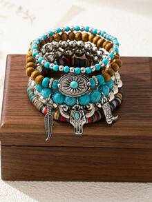 5件套波西米亚风木珠手链，饰以绿松石叶子、雏菊、牛头和高跟鞋图案，女士款 - 藍色 - 查看 5