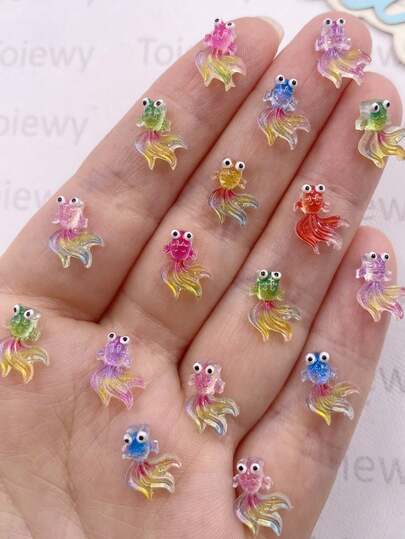 30pcs Mixed Resin Cute Colorful Glitter Mini Goldfish Embellishments, Flat Back With Embedded Rhinestones, Suitable For DIY Scrapbooking, Jewelry Crafts, Summer/School Themed