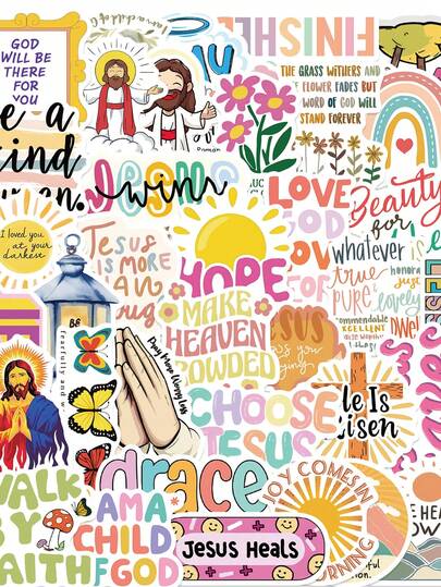 52张耶稣基督教贴纸涂鸦装饰贴纸，适用于水瓶、汽车杯子、电脑、吉他、自行车、滑板、头盔
