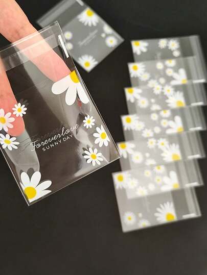 200pcs Daisy Flower Bags, Self-Adhesive Semi-Transparent Daisy Flower Bags, DIY Gift Card Decoration Bags, "Sunny" Printed OPP Bags, Suitable For Parties, Birthdays, Weddings And Gift Packaging, Also Suitable For Jewelry Packaging, Valentine's Day Gifts, Spring Gifts And New Year Gift Packaging