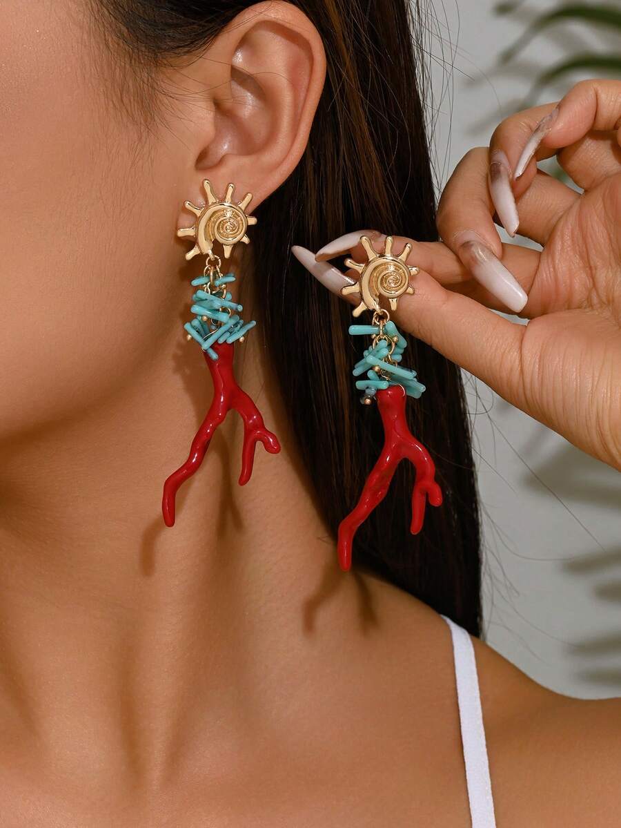 一对时尚经典海洋派对仿珍珠镶嵌红珊瑚镀金螃蟹海星天然贝壳DIY手工饰品，新款金色螺旋钉，蓝珊瑚红珊瑚吊坠耳环，多种款式可选，适合女性假日派对、返校季、节日礼物 - 紅珊瑚 - 查看 1