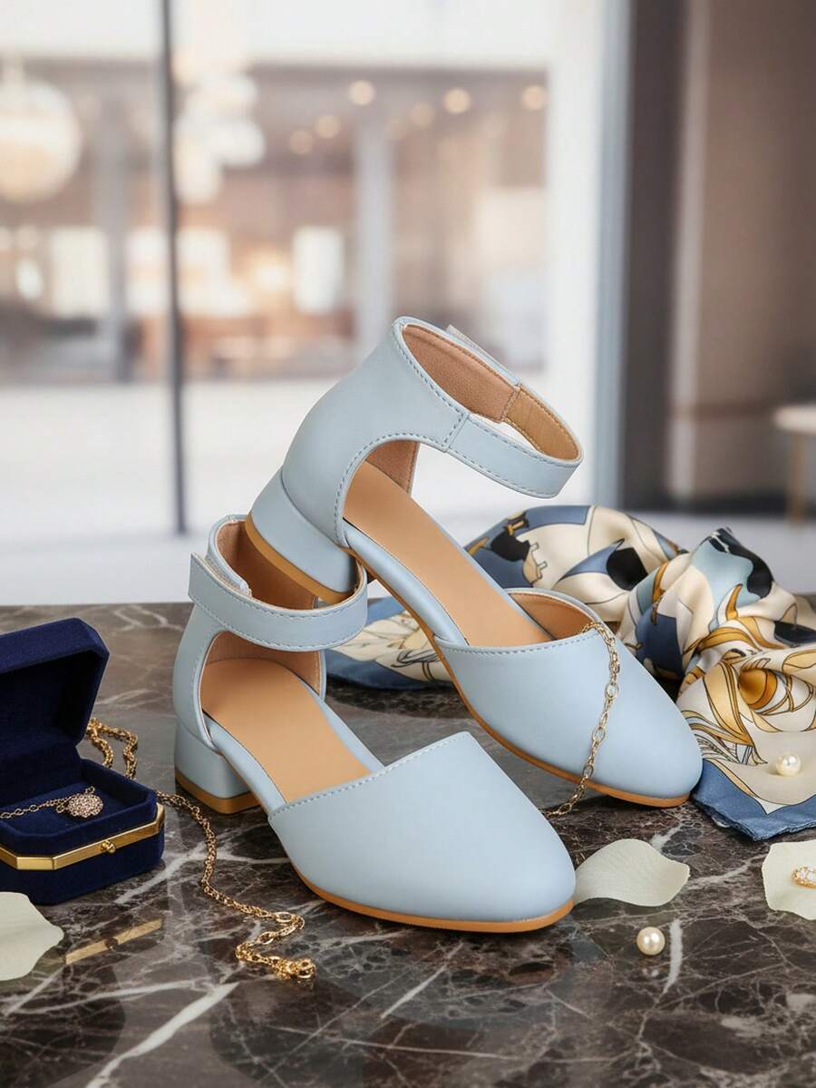 Nuevos zapatos de moda para niños de color azul claro brillante y sólido, elegantes sandalias de tacón alto estilo bohemio para niñas, suela de goma gruesa antideslizante, sandalias de tacón alto azul claro hermosas, primera opción para la escuela, fiestas, bailes de graduación y vacaciones en la playa - Celeste - Ver 1
