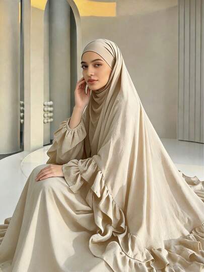 Set de 2 piezas Khimar Abaya con volantes, pañuelo de oración premium para mujeres musulmanas, ropa islámica Khimar, apta para uso diario, oración, primavera/verano/otoño