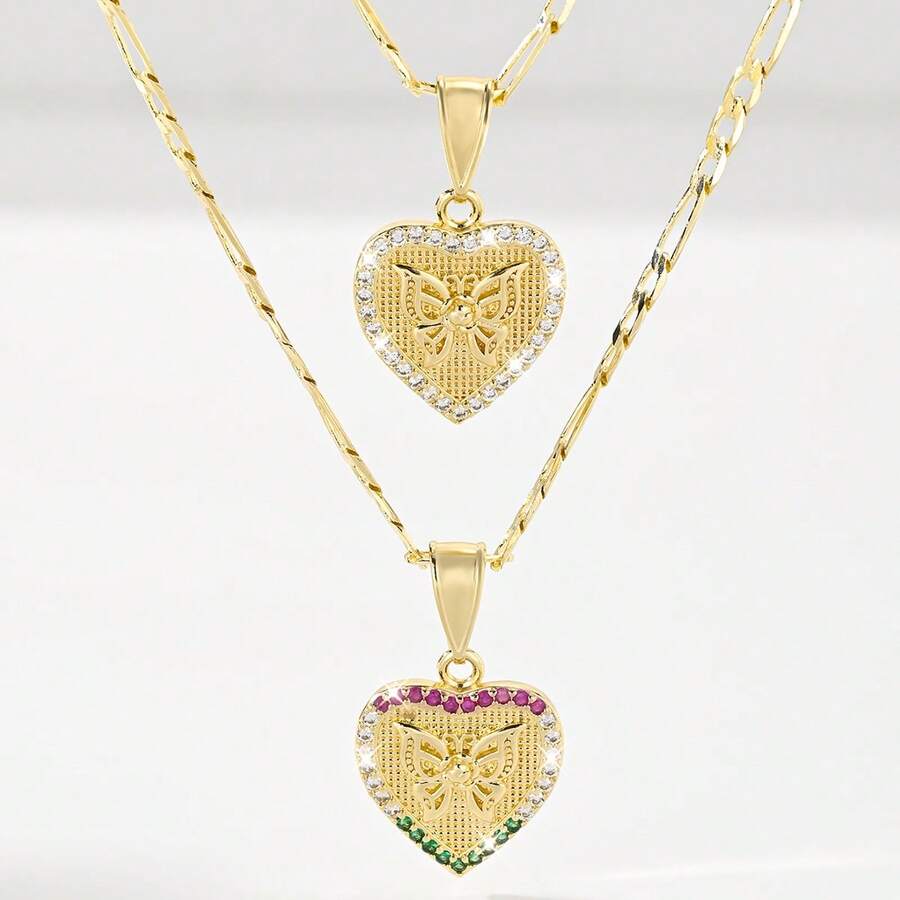 Set de 2 collares con colgante de corazón y mariposa chapado en oro de 14K de pareja, incrustado con circonita de colores, con significado romántico, adecuado para el Día de San Valentín, aniversario, regalo de cumpleaños para parejas - Amarillo Oro - Ver 1