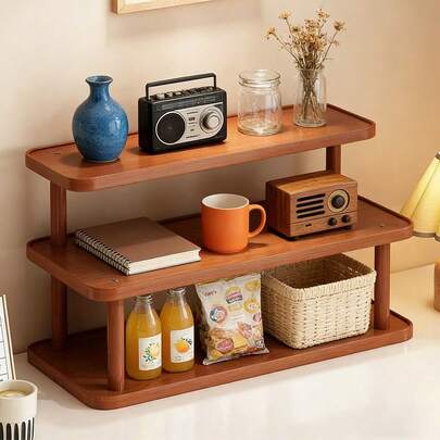 1pc Vintage 3-Tier Bamboo Desktop Storage Rack, Multi-Purpose Tabletop Organizer Shelf For Tea Cups, Spices, Books, Suitable For Kitchen, Bedroom, Living Room And Office