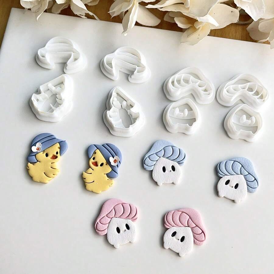 Bộ 4 khuôn đất sét mềm hình vịt và nấm hoạt hình dễ thương, khuôn cắt khuyên tai bằng đất sét mềm hình nàng tiên để tự làm mặt dây chuyền trang sức. - trắng - Xem 1