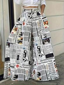 Women Random Print Minimalist Daily Wear High Waisted Long Pants, Elegant For Summer & Spring - 黑色 - 查看 5