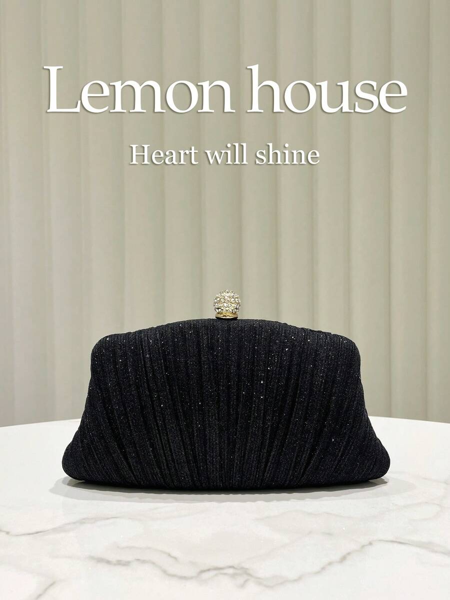 1pc Black Shiny Elegant Pleated Clutch Bag With Metal Chain Strap, Fashion Dignified Evening Bag, Suitable For Formal Dinner, Party, Wedding, Suitable As Gift For Women