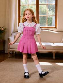 Tween GirlsDenim Suspender Dress, New Summer Fashion Y2K Millennium Style Fuchsia Pleated Jumpsuit Dress - Hot Pink - View 3
