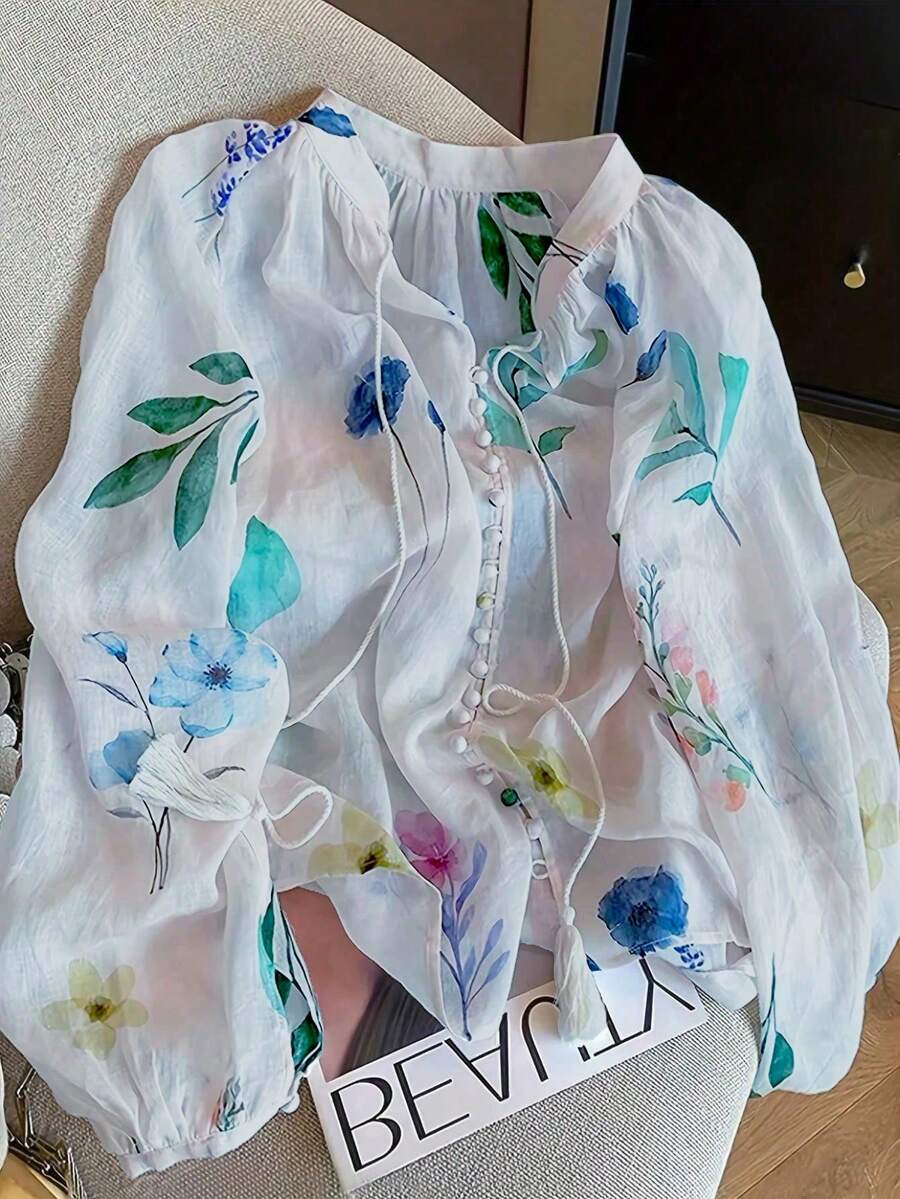 女款花卉印花百褶休閒百搭日常穿著襯衫,秋冬款 - 藍色 - 查看 1