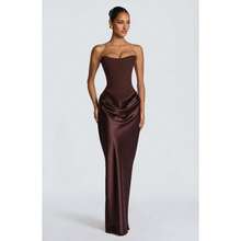 Imperial Style Fashion Temperament Elegant Women's Clothing Spicy Fish Bone Strapless Dress Waist Pleated Sexy Ribbon Satin Bread Buttocks Skirt - màu nâu - Xem 2