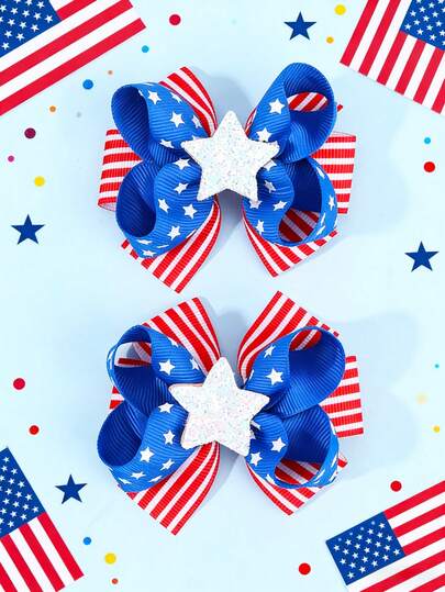 2pcs/Set 4th Of July & Memorial Day Hair Clips, White Blue Red Alligator Clips, Elegant Ribbon Striped Hair Clips, Cute Girls Holiday Gift Hair Accessories, American Flag Day, Party, School