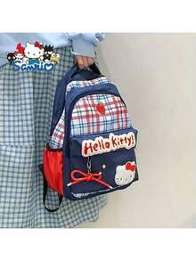 SANRIO 1 pieza Bolso de hombro con diseño de Hello Kitty, bolso escolar de dibujos animados lindo con estampado a rayas y cuadros, mochila casual de gran capacidad para deportes y viajes, regalo de regreso a clases - Multicolor - Ver 8