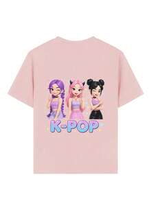 女童休闲趣味印花圆领短袖T恤，夏季上衣 - 粉色 - 查看 6