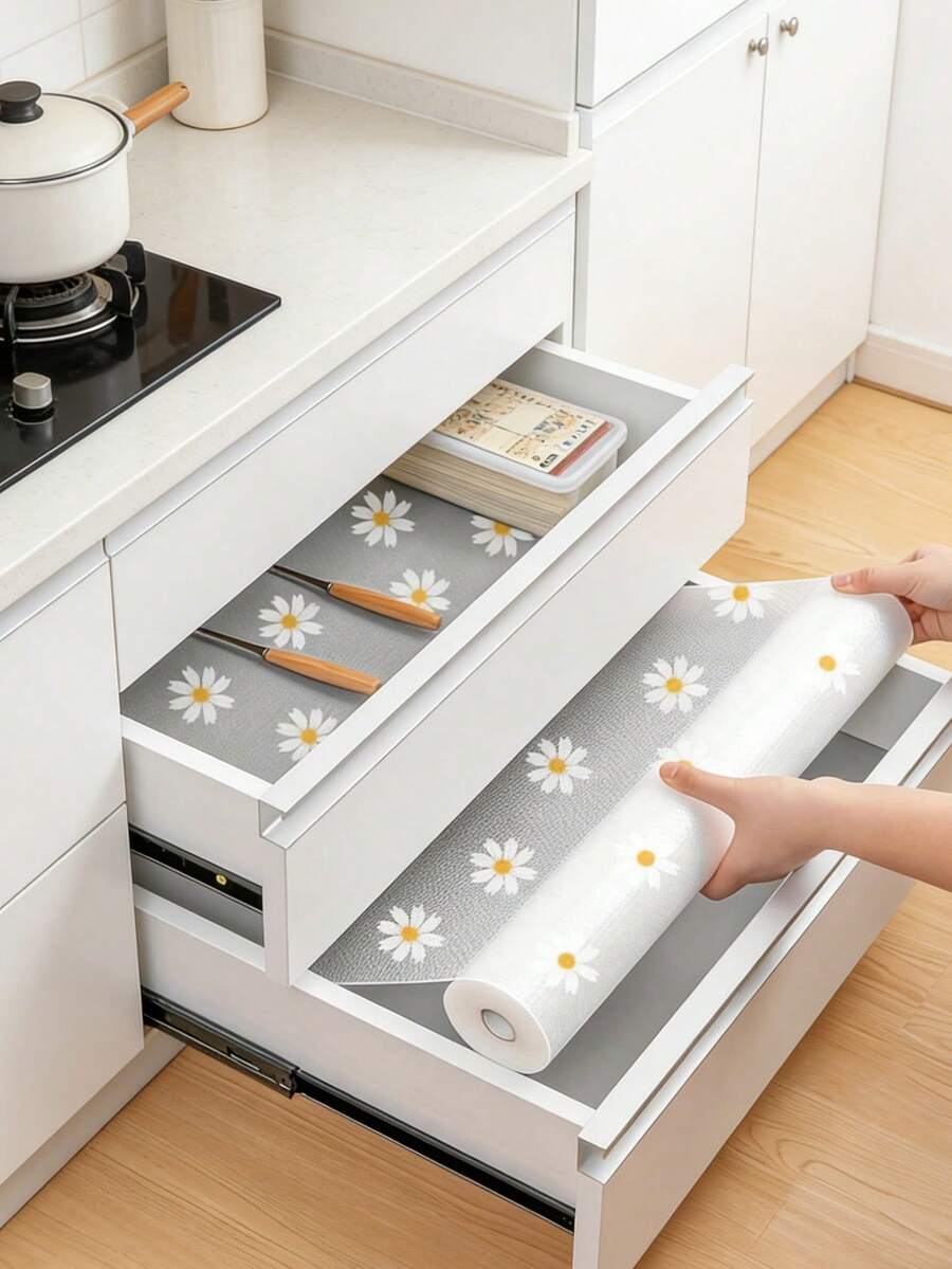 xiangmeishangu 1 Roll Waterproof Non-Slip Plastic Shelf Liner, Multipurpose Cabinet Drawer Mat, Suitable For Kitchen, Refrigerator, Tabletop - Daisy Pattern - Multicolor - View 1