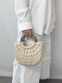 Woven Shell Beach Bag | Detachable Shoulder Strap . Vacation Beach Bag . Multifunctional Fashion Women Handbag] Contrast Color Handle: Black And White Striped Wrapped Round Handle, Retro Eye-Catching, Comfortable Grip, Instantly Become The Focus When Traveling - Multicolor - View 4
