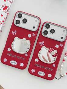 SANRIO 1 pieza Funda de teléfono con espejo y lazo de gato de dibujos animados TK + Correa de cordón, apta para iPhone 11-17 Pro Max - Rojo - Ver 4