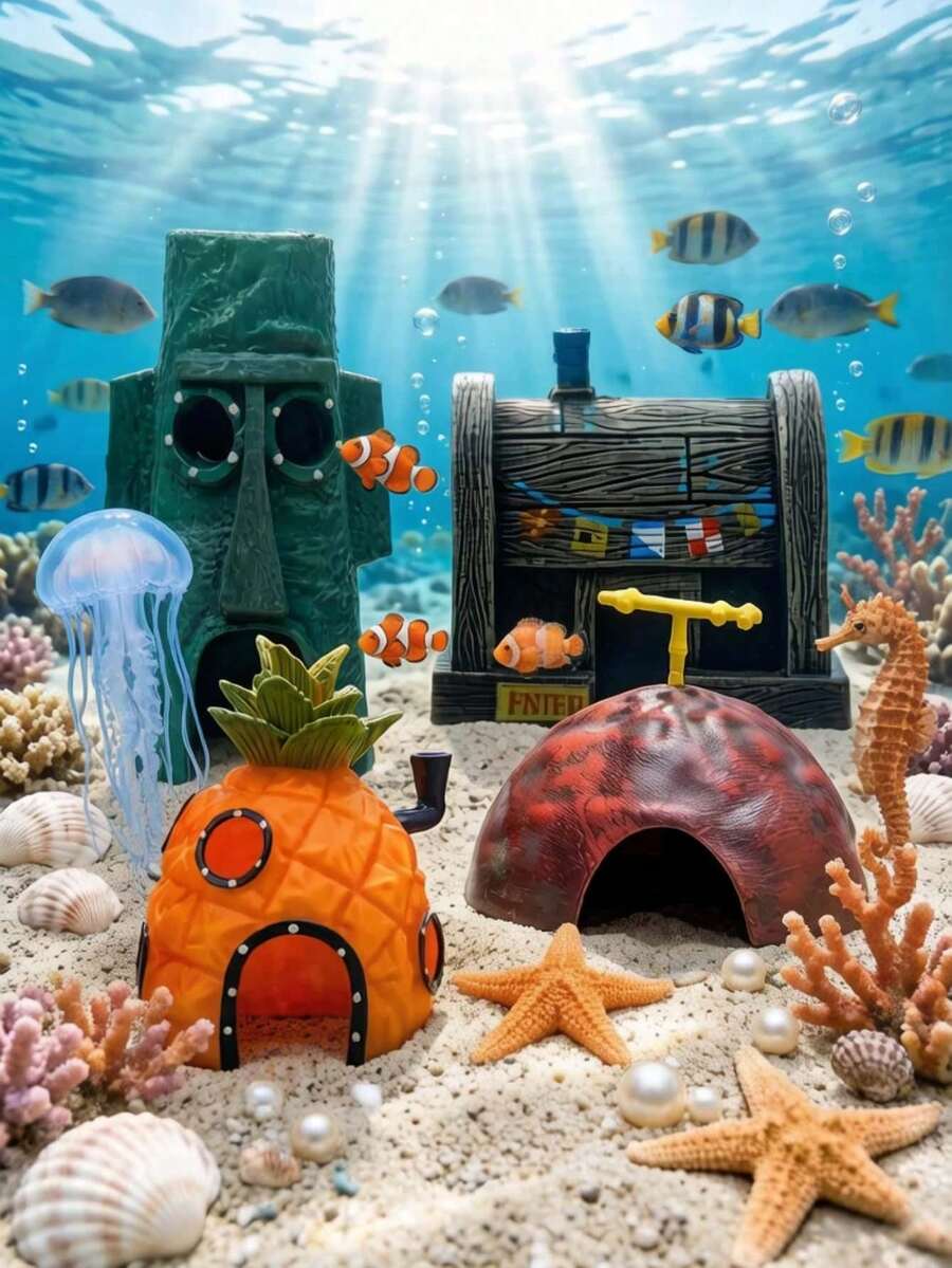 SpongeBob SquarePants Bộ trang trí bể cá hình ngôi nhà dứa SquarePants (1 món), Bộ trang trí bể cá SquarePants, Đồ trang trí bể cá, Trang trí cảnh quan bể cá, Lý tưởng để tạo không khí tiệc tùng ngày lễ với bạn bè, Trang trí tiệc (Sản phẩm thực tế có thể khác hình ảnh) - A - Xem 1