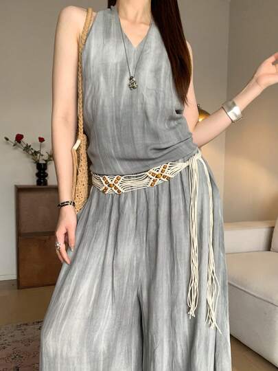 1 chiếc dây thắt lưng kiểu Bohemian bằng polyester màu be dành cho nữ, đính hạt.