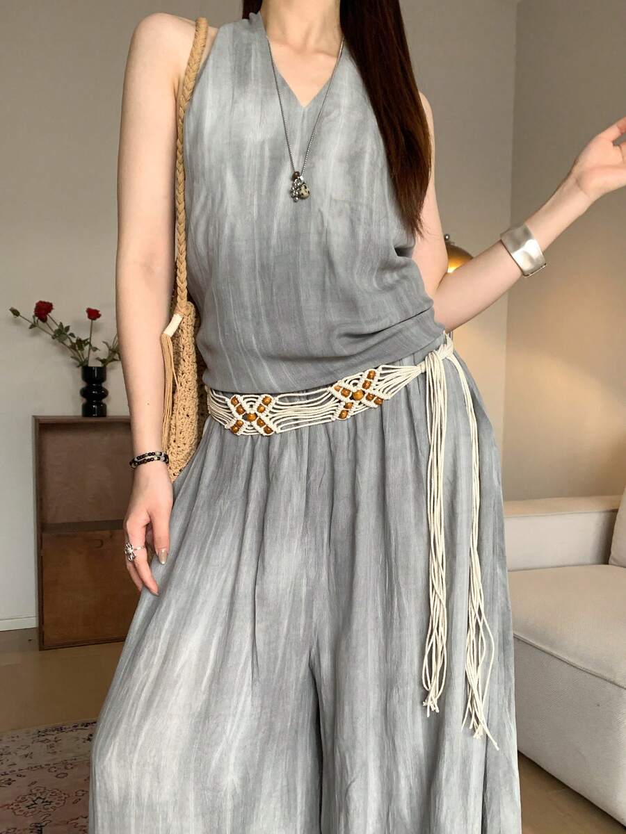 1 chiếc dây thắt lưng kiểu Bohemian bằng polyester màu be dành cho nữ, đính hạt. - Nhiều màu - Xem 1