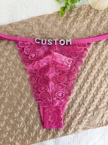 Customize Lace Floral Thongs With Any Letter, Sparkling Crystal English Letter Thin Ribbon Hollow Underwear With Names, G-String,Tanga, Exotic Thongs, Couple Gifts, Wedding Underwear Gifts, Personalized Gifts For Singles Parties, Personalized Gifts For Girlfriends/Wives/Lovers/Friends' Anniversaries/Valentine's Day/Birthdays/Weddings/Holidays/Dates/Holidays/Bedrooms/Living Rooms - Hot Pink - View 2