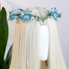 [Free Shipping]Butterfly Fairy Accessories Set - Woodland Flower Elf Crown Elf Ear Cuffs Kit For Women Renaissance Fantasy Cosplay - 藍色 - 查看 4