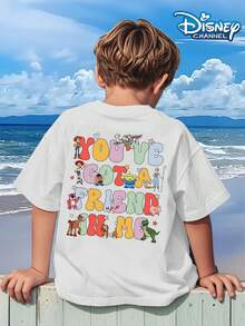 Disney Toy Story T-Shirt With Colorful Letters YOU'VE GOT A FRIEND IN ME Print Pattern Summer Tops,Short-Sleeved Casual And Cute Style  Children's Clothing Design, Boy Clothes For Kids ,Ropa Para Niños,Boy Clothes For Kids,Graphic Tee, Summer Clothes,Perfect For Cool Boy. Comfortable And Breathable Children's Short-Sleeved T-Shirt. Comfortable And Casual Wear All Year Round 180g Pure Cotton Children's Clothes,Comfortable & Lightweight, Iconic Print For Mix-And-Match Outfits,Suitable For Both Boys And Girls. - 白色 - 查看 3