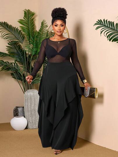 BIUBIU Quần dài màu đen thanh lịch với chi tiết bèo nhún, cỡ lớn, hoàn hảo cho các dịp trang trọng.