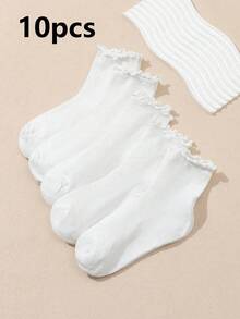5 pares de calcetines de media caña con volantes de unicolor para mujer, primavera/verano - Blanco - Ver 7