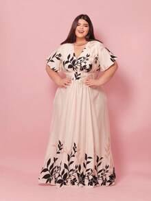 Women's Long Printed Dress With Hem, Viscose Linen Twill, Short Sleeves, Front Gathering, Elastic Back, Elegant - 錦緞條紋 - 查看 1
