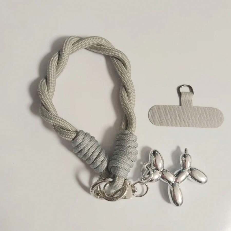 1pc Black Puppy Plush Phone Lanyard, Nylon Short Wrist Phone Strap, 6mm Solid Color Braided Dirt-Resistant Cord, Handheld Key Chain - Grey - View 1